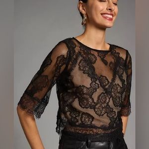 by Anthropologie Lace Illusion Top in Black. Size XXS. Cropped 1/2 sleeve.
